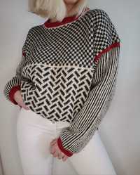 Gruby wzorzysty wełniany sweter oversize 100% wełna unikat handmade