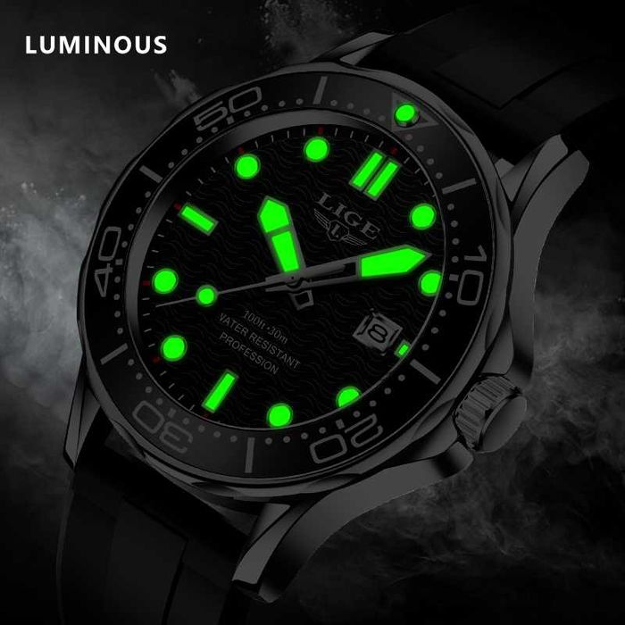 Zegarek męski Lige czarna tarcza wygląd nurka na pasku silikonowym BOX