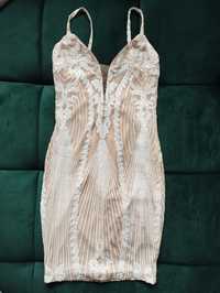 Sukienka M/38 mini cielista beżowa białe cekiny