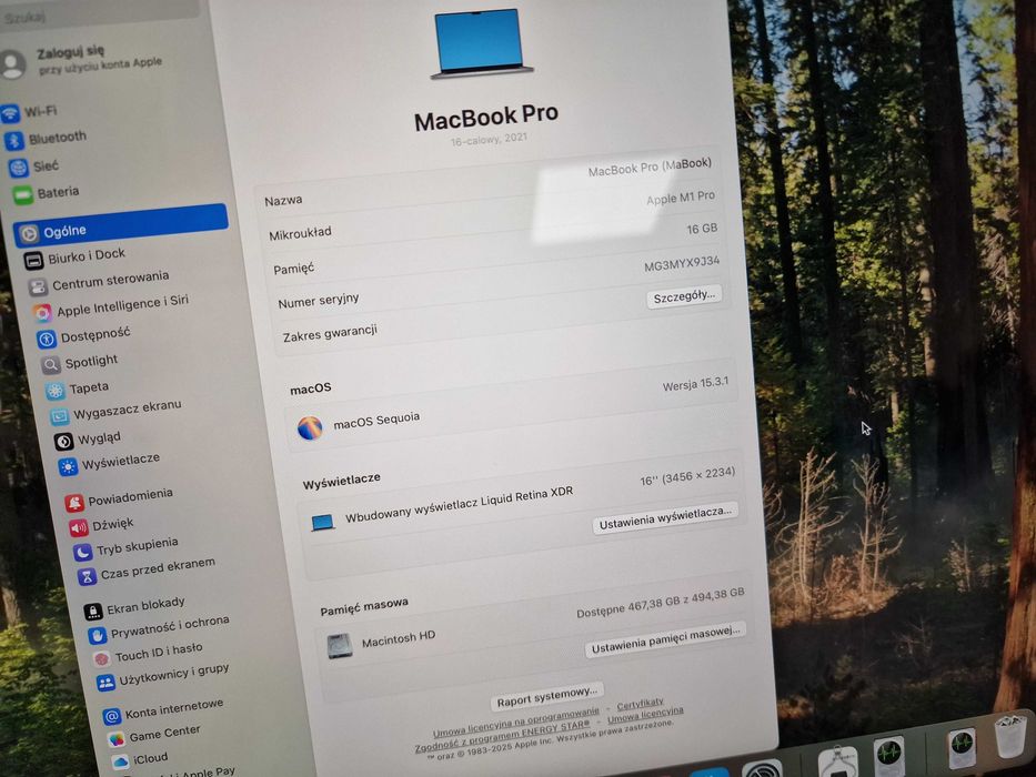 Macbook PRO 16 2021/ M1 PRO/ 16GB/ 500GB/ 6 cykli/ Grade A/ 3456x2234