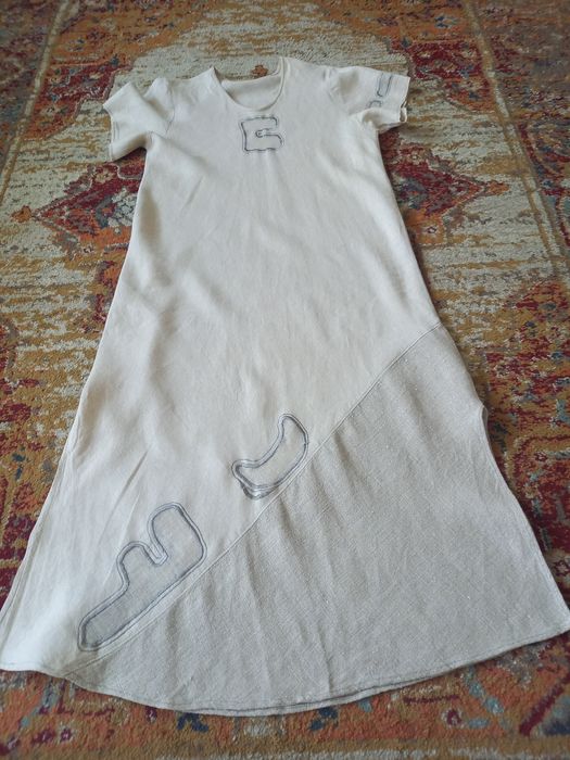 Unikatowa lniana długa sukienka beżowa projektu  Zofia Borkowska r. M