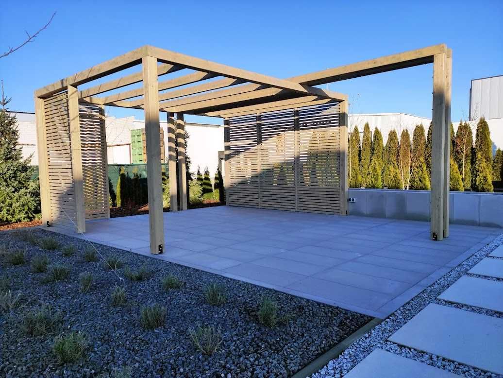 Pergola z drewna klejonego BSH, zadaszenie tarasu, poliwęglan