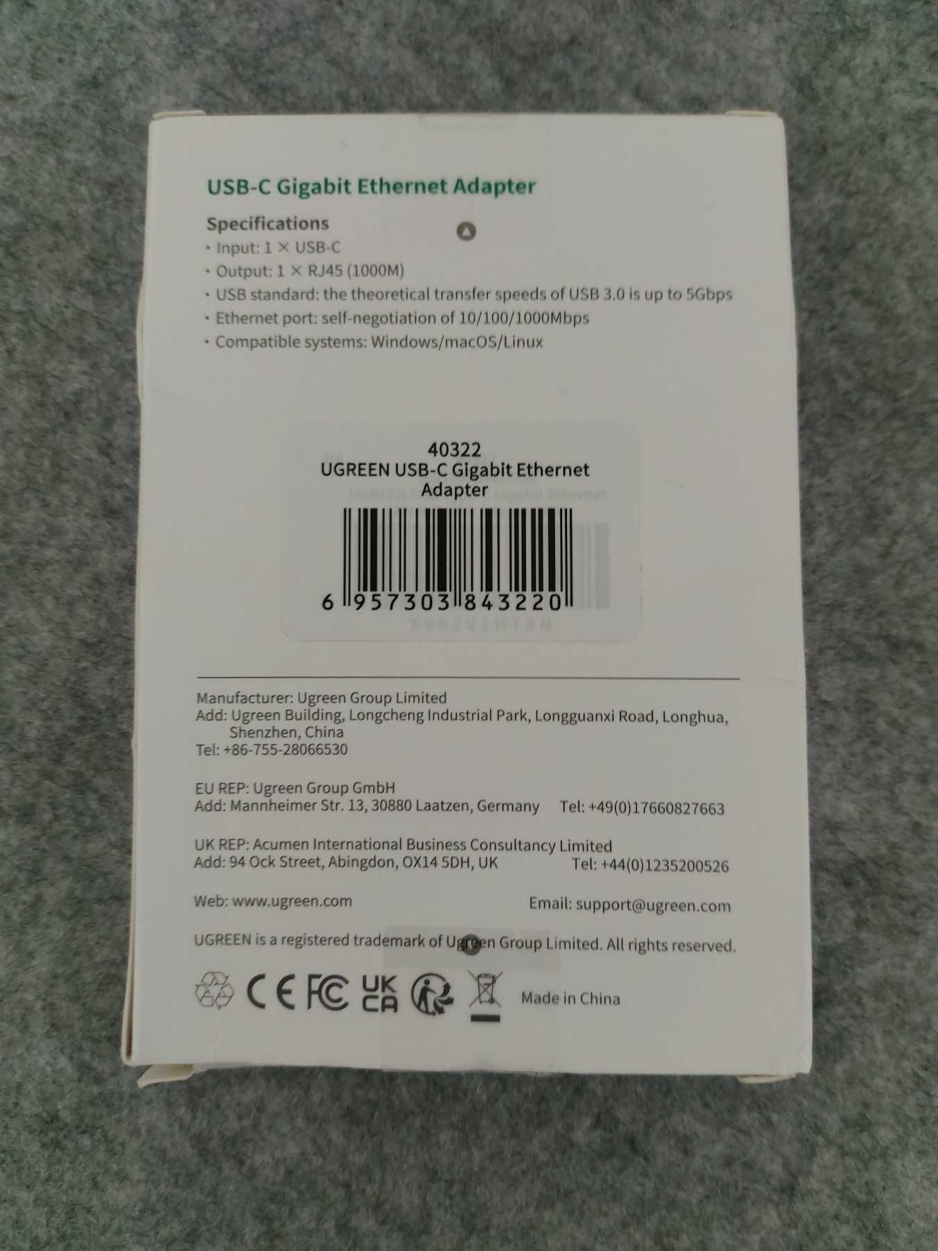 Ugreen - Мережевий адаптер Ethernet Gigabit LAN RJ45 - Type-C