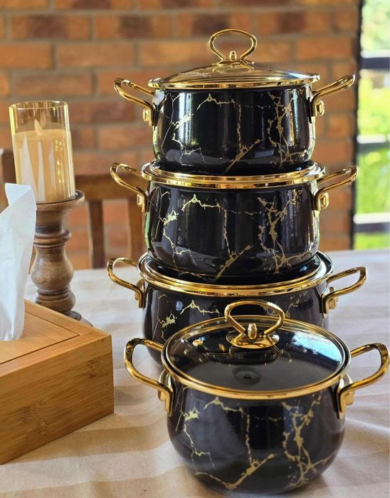 Garnki zestaw czarny złoty marmur