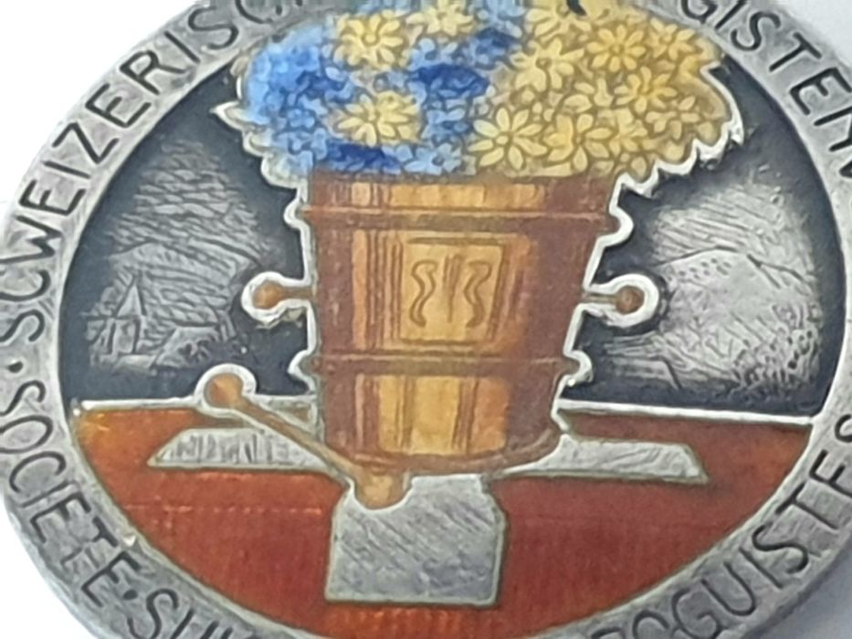 Rara antiga pregadeira -prata esmaltada Société suisse des drogeristes
