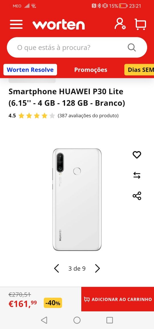 Huawei P30 Lite 128 GB Branco como Novo, Barato!
