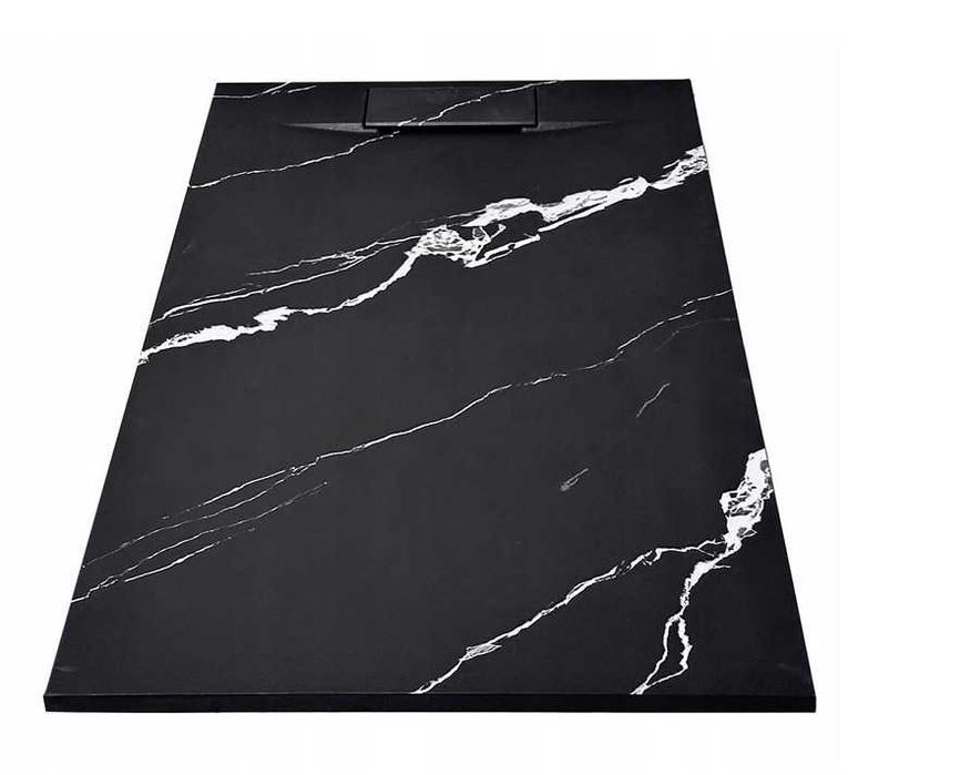 Brodzik prysznicowy czarny / biały marmur płaski + syfon