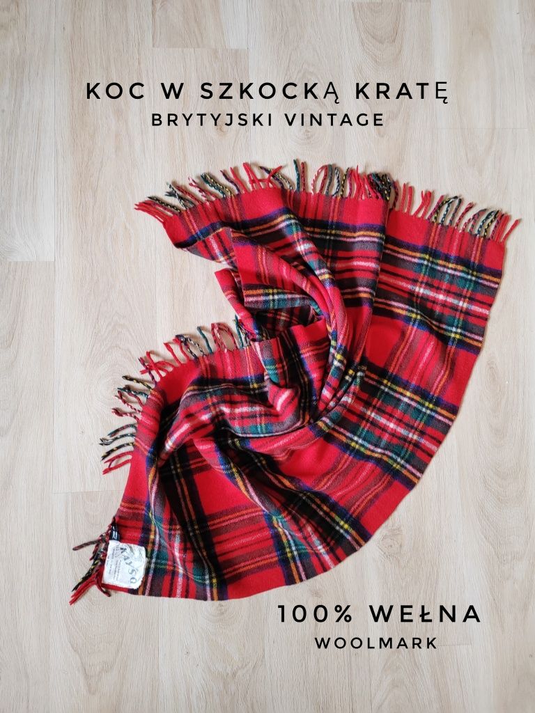 Wełniany koc vintage Woolmark koc z wełny brytyjski