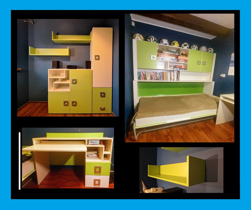 Zestaw mebli młodzieżowych - szafa, biurko, składane łóżko z materacem
