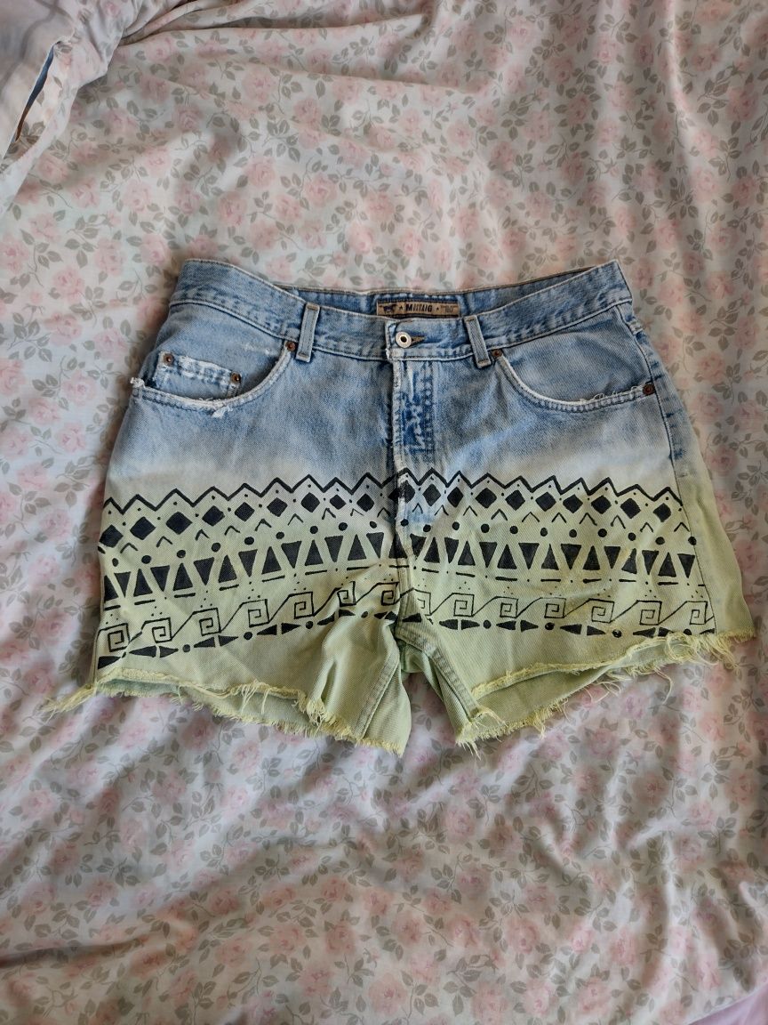 Jeansowe spodenki szorty shorts ręcznie malowane azteckie wzory L 40.