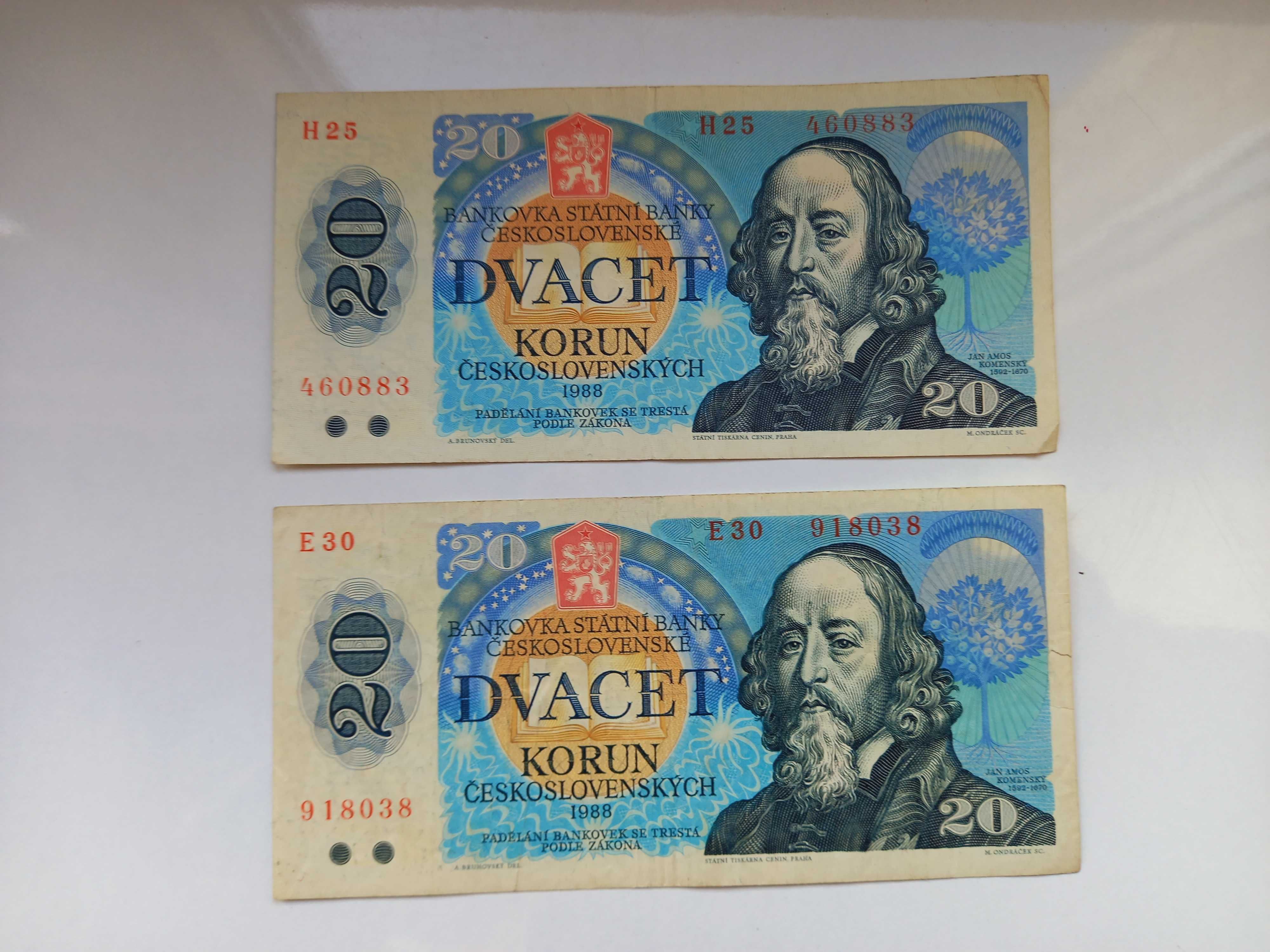 Banknot Czechosłowacja 20 korun koron 4 szt. 1988r Komensky