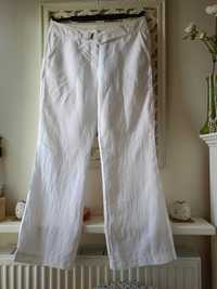 Białe lniane spodnie z szerokimi prostymi nogawkami