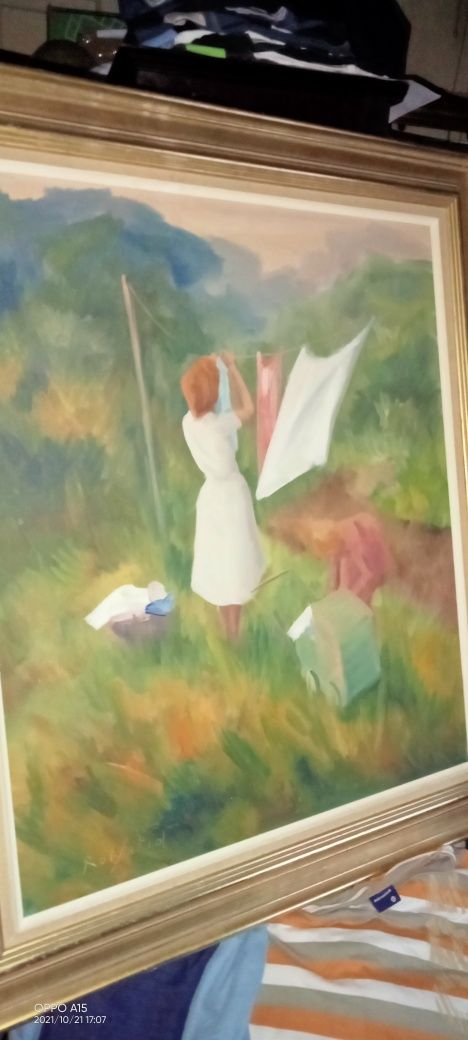 Stary obraz olejny Socrealizm Sygnatura artysty Kobieta z praniem XXw.