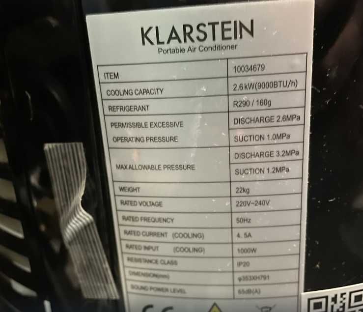 Мобильный кондиционер Klarstein Metrobreeze Miami 9000BTU , 2.6 кВт
