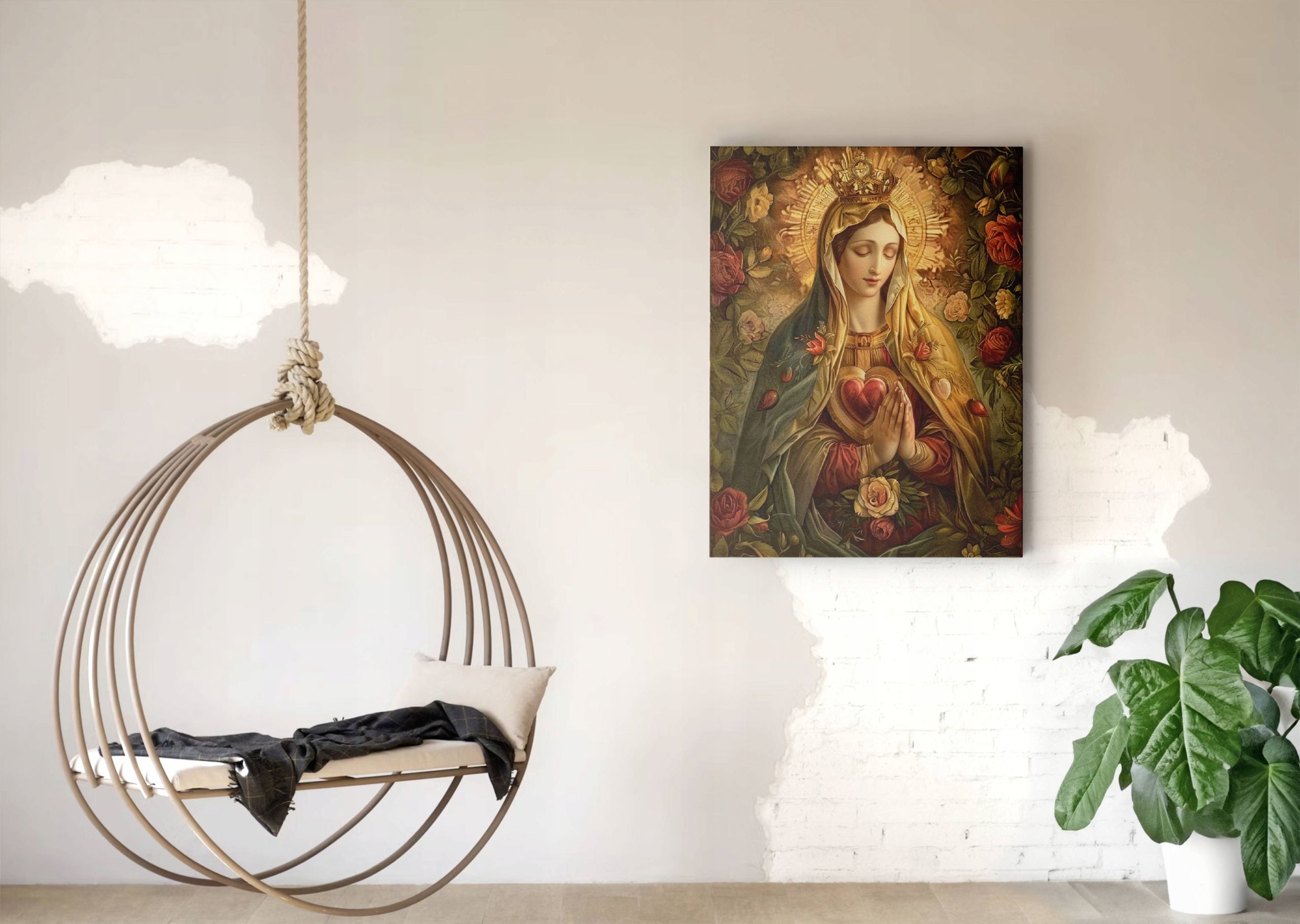 Obraz na płótnie Serce Maryi w Kwiatach 75x100 cm – sztuka sakralna