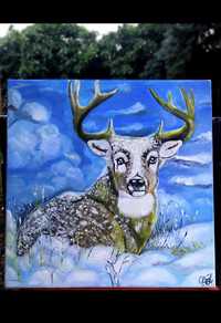 Картина фарбами《Олень у зимовому лісі》