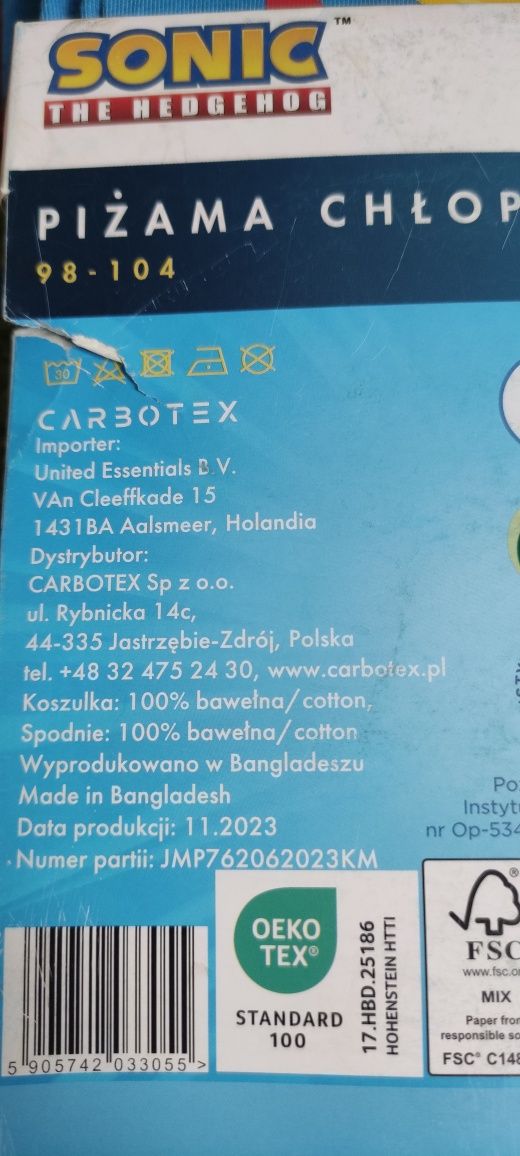 Piżama chłopięca SONIC Nowa Zestaw 98-104 Niebieska Polecam