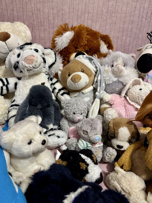 Багато різних дитячих мʼяких іграшок дельфін ведмідь собака панда тигр