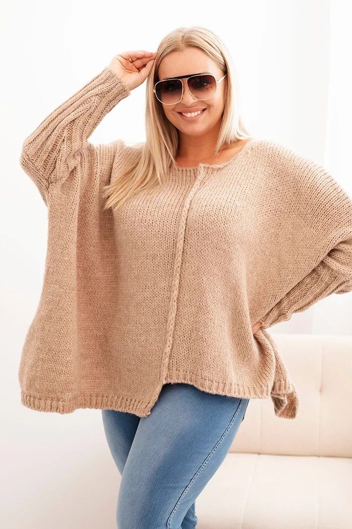 Sweter Plus Size Camelowy Rękaw 3/4 Dzianina Oversize 2XL–4XL