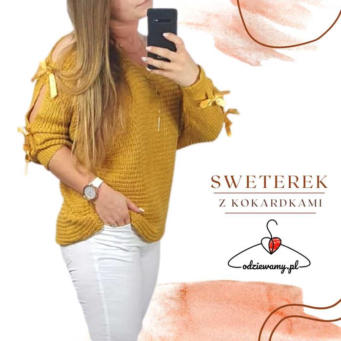 Miodowy sweter damski jesienny ze wstążkami