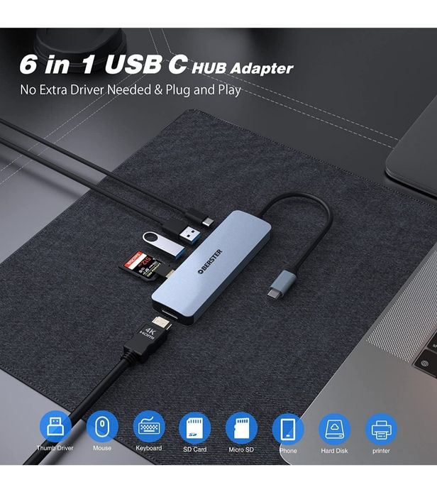 Adaptador USB C 6 Em 1 multiporta Hub compatível Mackbook / surface