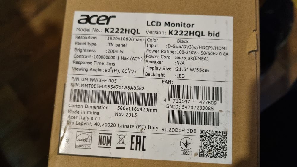 Monitor led 21,5" Led Acer FHD