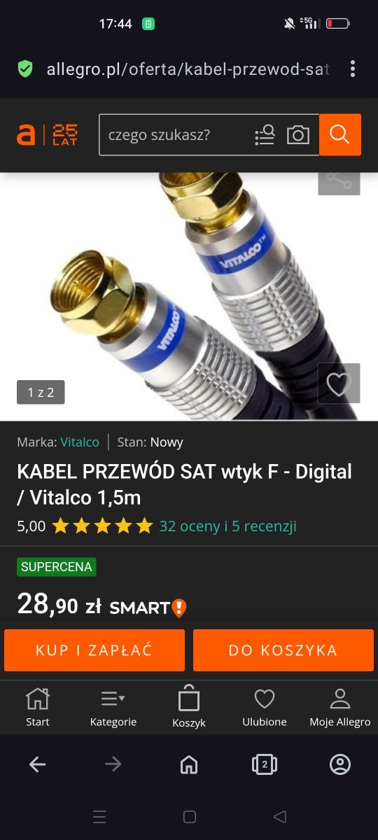 KABEL PRZEWÓD SAT wtyk F - Digital / Vitalco 1,5m