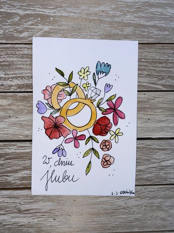 Kartka okolicznościowa kwiaty obrączki ślub boho