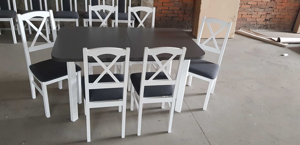 Nowe: STÓŁ 80x140/180 + 6 KRZESEŁ ,biały/blat grafit+grafit (krzyż}