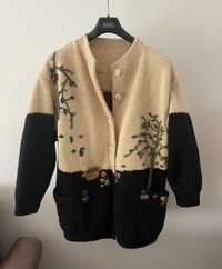Piękny ręcznie robiony i zdobiony sweter 100% wełna handmade