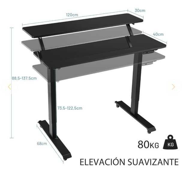 secretária elevatória elétrica com rodas e 2 níveis preta