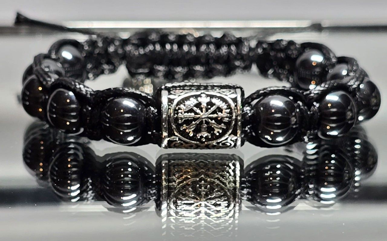 Bransoletka kamień 10 mm Hematyt runa Vegvisir Wikingów szer.nadg.17