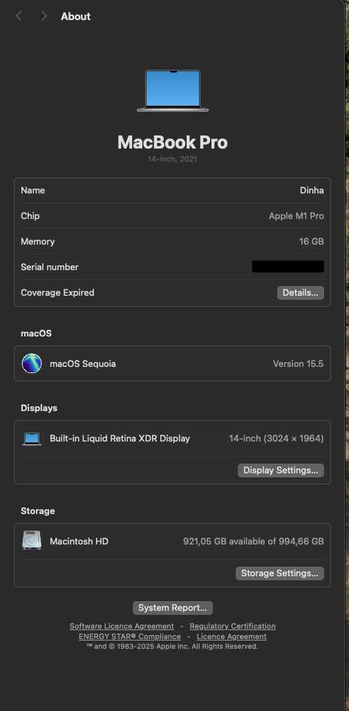 Macbook Pro 14 M1 16GB 1TB