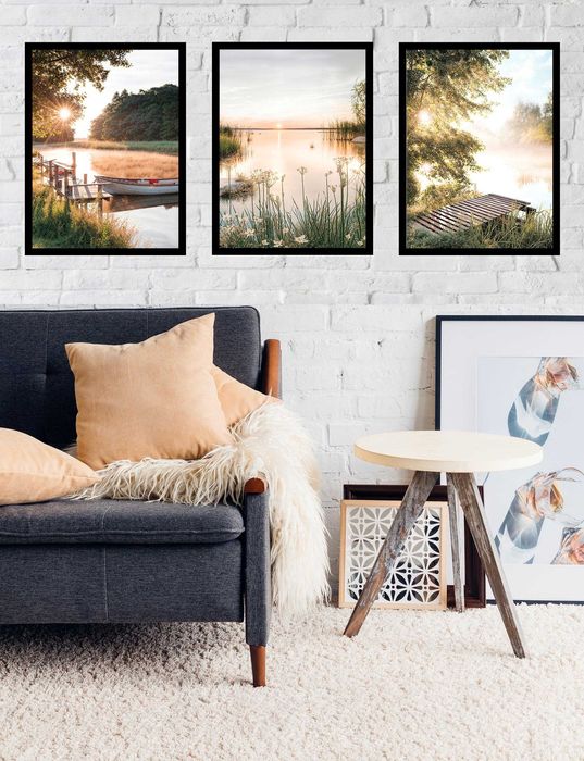 30x40 obrazy w ramie plakaty ramka JEZIORO ŁÓDKA TRAWA POMOST BOHO