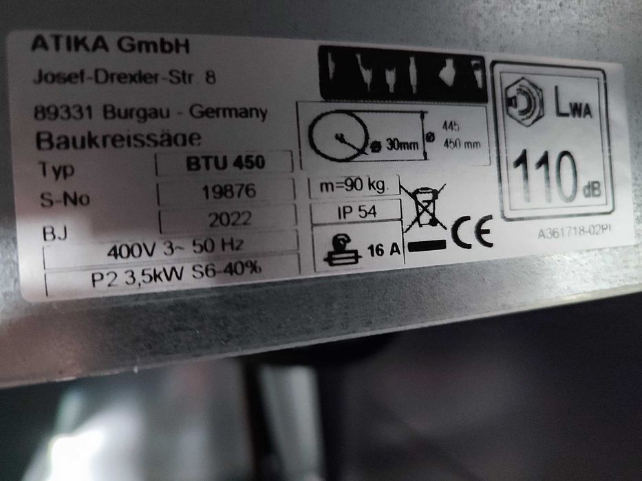 Krajzega budowlana piła ATIKA, AVOLA BTU 450 400V 3,5 KW