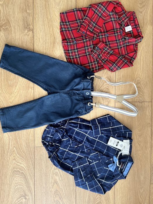 Świąteczny komplet koszula czerwona krata granatowe spodnie z szelkami