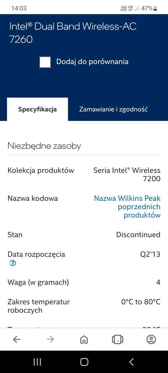 Karta sieci bezprzewodowej Intel Wreless 7260