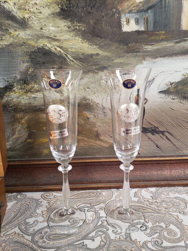 Bodas de Prata  2 flutes cristal e prata