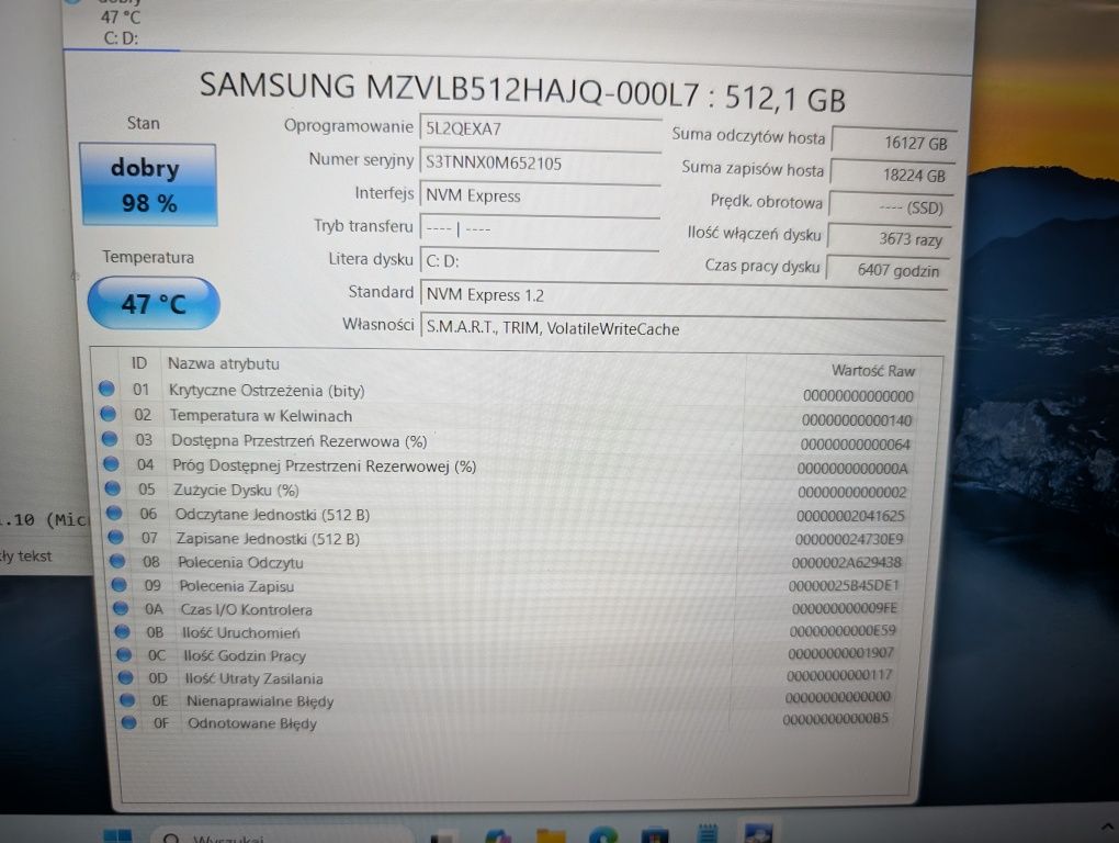 Dysk SSD NVMe 512 GB SAMSUNG MZVLB512HAJQ-000L7 – stan bardzo dobry,