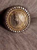 Antyczny pierścień,sygnet z monetą,  z próbą złota 585 i srebra.