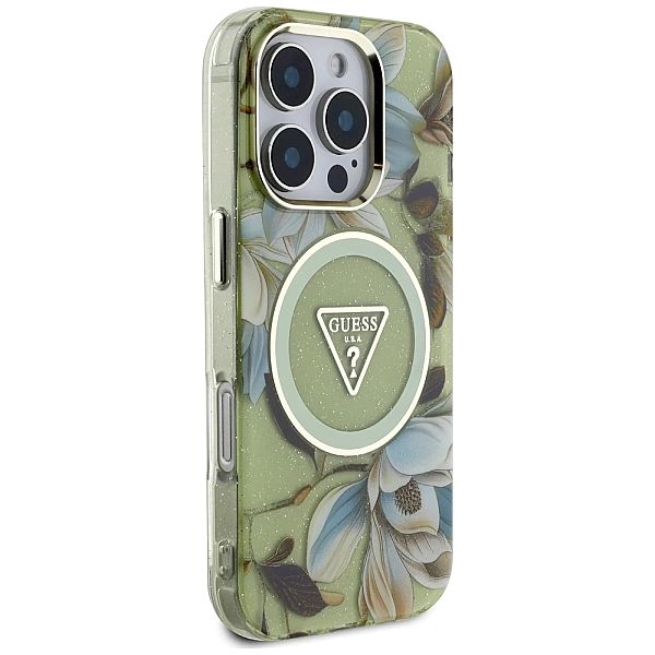 Etui Guess Glitter Flowers Triangle Buttons MagSafe do iPhone 16 Pro M