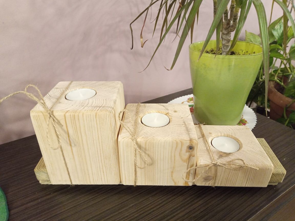 Świeczniki  drewniane tealight zestaw 3 sztuk