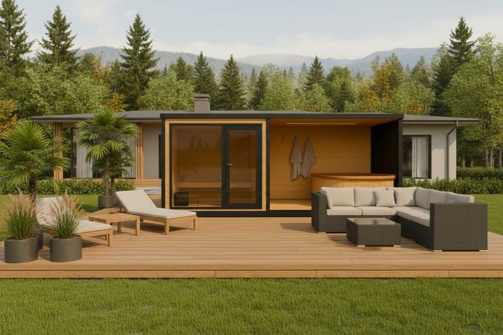 Mobilna sauna z jacuzzi piecem przyczepą schodki balia basen transport