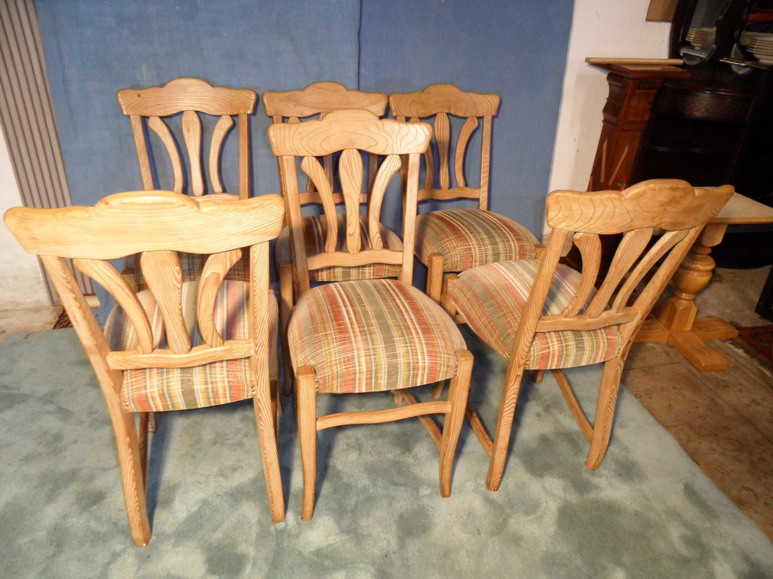 6 Krzeseł Drewno Jesion Tapicerka Welur z Niemiec