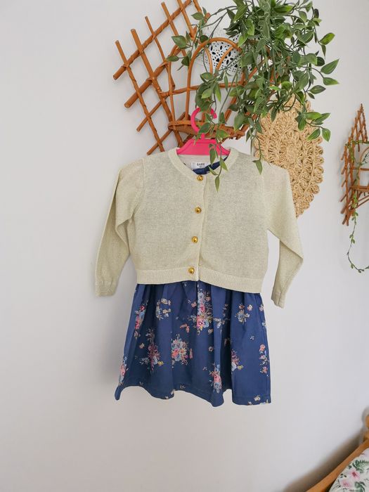 Zestaw sukienka next niebieska bez rękawów i sweterek wyjściowa letnia