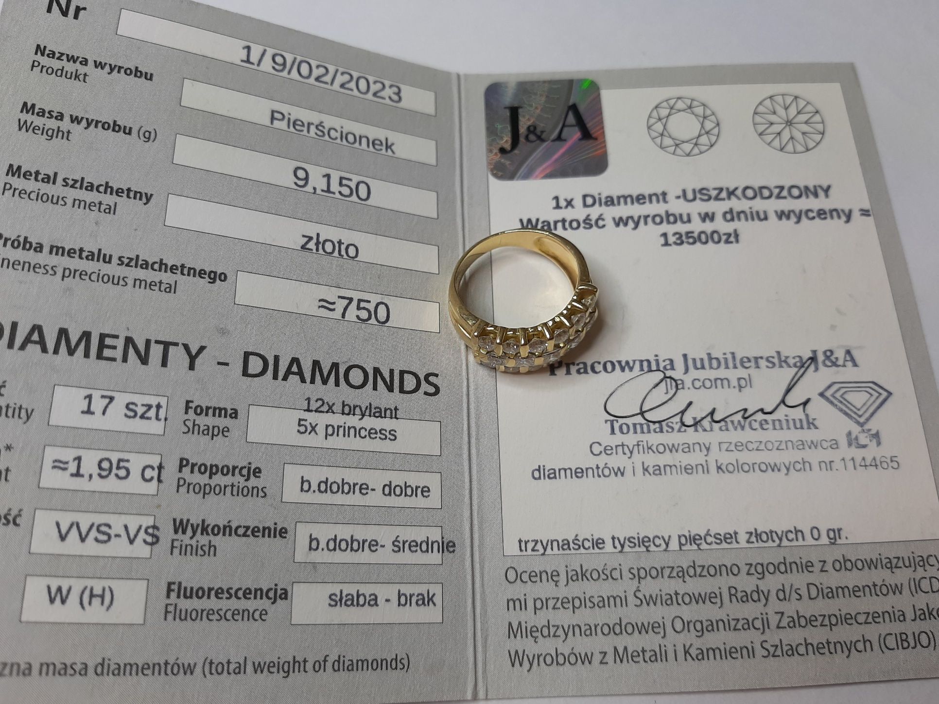 Złoty Pierścionek z brylantami- unikat wycena 13.500 zł