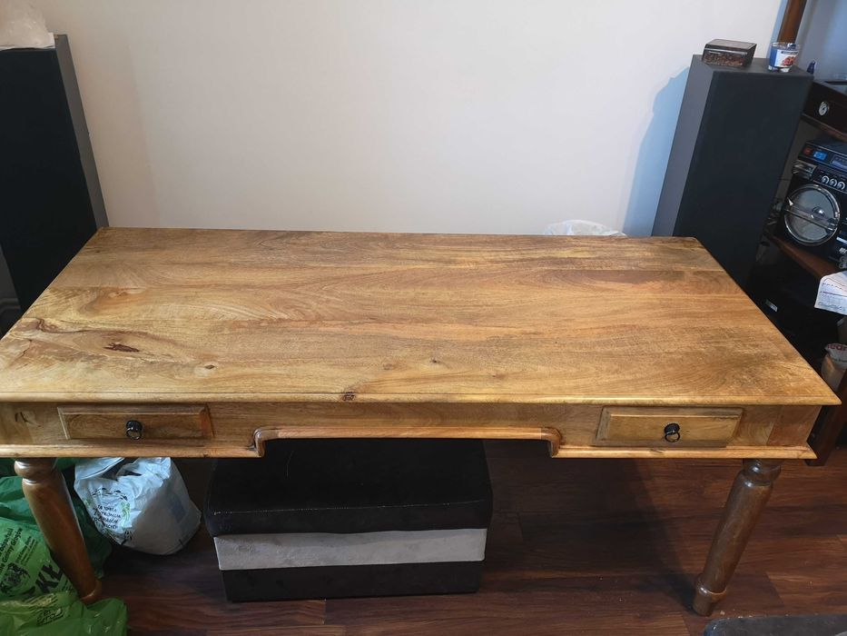Duże biurko z krzesłem z litego drewna - Kolonialne Mango 180x80x80