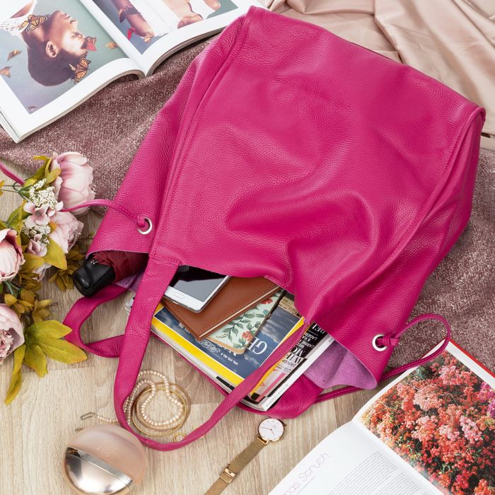 VERA PELLE torebka damska skórzana shopper z saszetką V497 fuksja