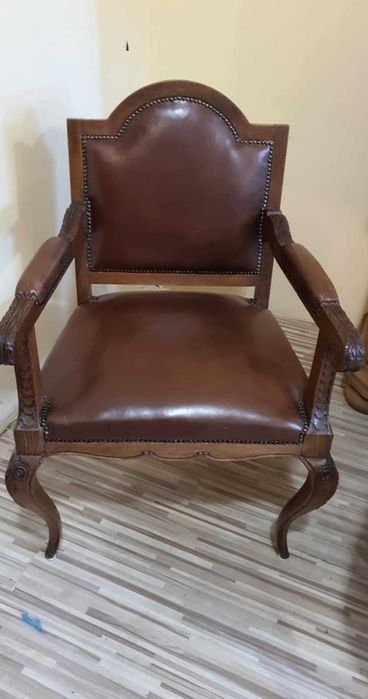 Piękny fotel drewniany dębowy skórzany elegancki stary antyk FV DOWÓZ