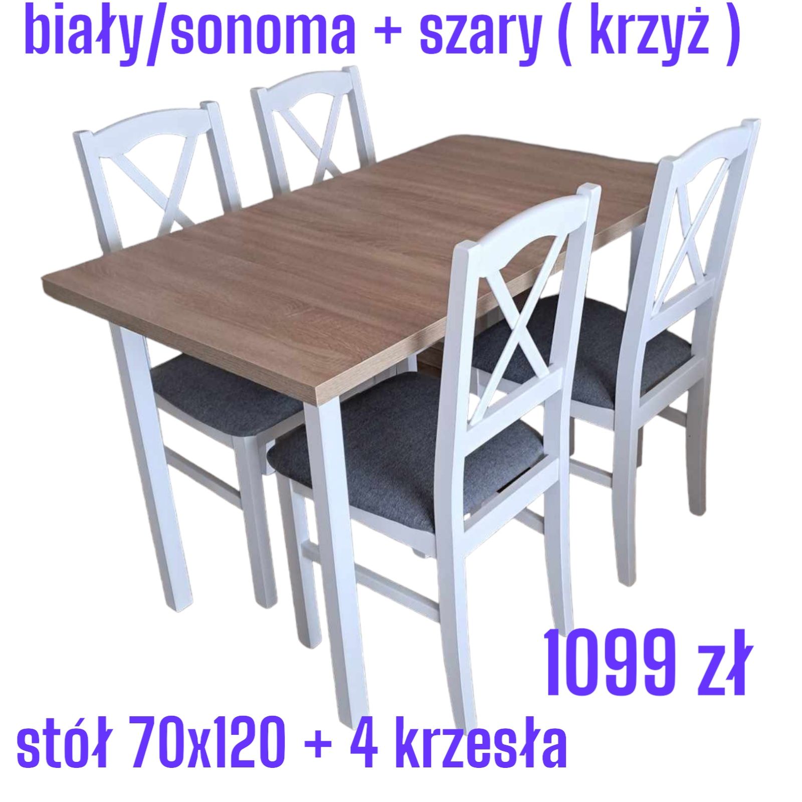 Nowe: Stół 70x120 + 4 krzesła, biały/sonoma + szary (krzyżak) dostawa